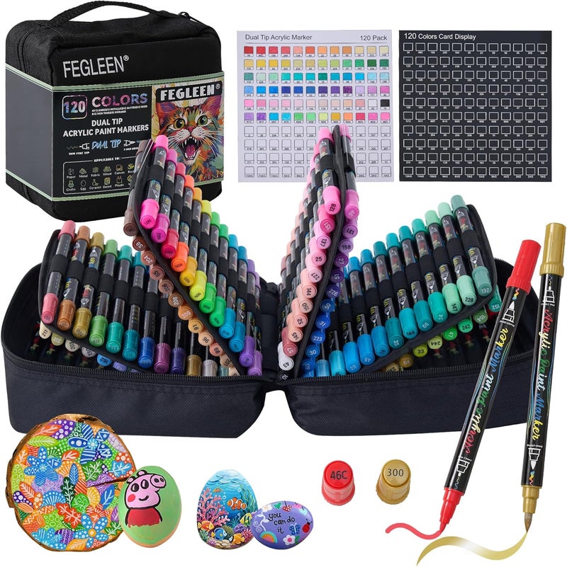 FEGLEEN 120 Colors Acrylic Paint Markers,Dual Tip Acrylic Marker Set With Fine Tip and Brush Tip Contain Metallic,Glitter,Neon,Morandi,Skin Tone Series for Rock Painting,Egg,Wood,Glass,Fabric,Crafts - Image 1